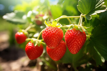 Strawberry plant with ripening berries growing in garden