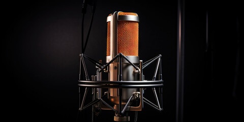 Closeup of professional microphone with dark uniform backdrop. Generative AI
