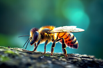 Biene als Makroaufnahme orange leuchtend vor einem unscharfen Hintergrund aus grünen Wald oder Garten. Honig Sammlerin und Schwarmtier, Insekt des Sommers in einer natürlichen gesunden Umgebung.   - obrazy, fototapety, plakaty