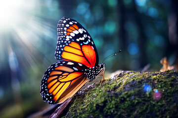 Fototapeta na wymiar Schmetterling als Makroaufnahme ruhig sitzend orange leuchtend vor einem unscharfen Hintergrund aus dunklen Wald mit Sonne. Tiere und Insekten des Sommers in einer natürlichen gesunden Umgebung. 