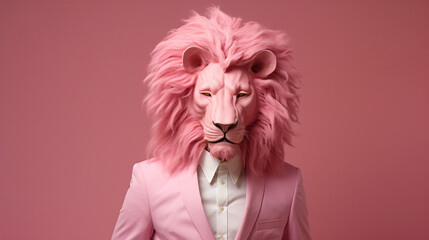 Fototapeta premium Contemporary art college man in the form of a pink lion