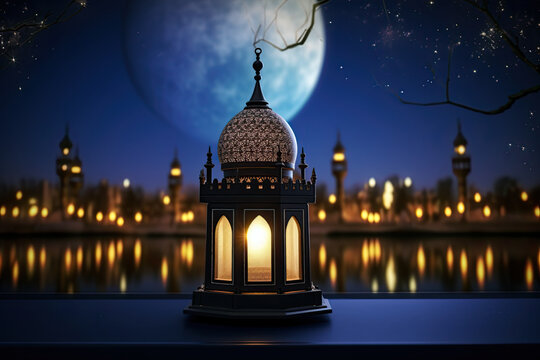 ramadan kareem greeting. mosque light lantern with moon