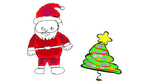 santa claus and christmas tree children drawing cartoon vector