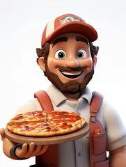 Fotobehang Lustiges Cartoon Männchen mit Capy präsentiert und überreicht lachend eine Pizza auf hellen Hintergrund, ai generativ © www.freund-foto.de