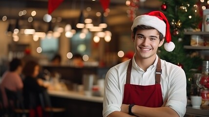 Portrait of charming young a waitress wearing Santa hat smiling and looking at camera merry x-mas at the coffee shop. AI.