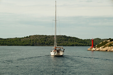 September 2023, Sailing boat anchored near the coast of Dubrovnik, Croatia . Sailing yacht in the...