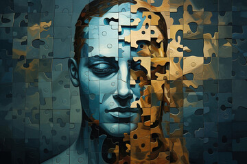 Mind, psychology, personality illustration concept. Portrait of a man with closed eyes puzzle - obrazy, fototapety, plakaty