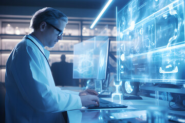 Male research  scientist working with a futuristic user interface in a research lab