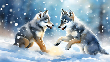 Illustration zweier Wolfskinder, die im Schnee miteinander spielen.