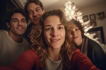 Fototapeta premium AI generative images. Woman taking selfie with her family on at home with Christmas tree on background