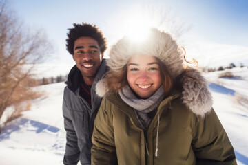 AI generative images. Young diverse couple enjoying and breezing frozen air in a winter landscape
