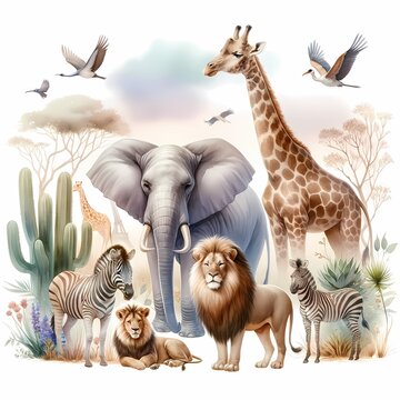 A serene watercolor scene featuring an array of safari animals including a majestic lion, a gentle elephant, a tall giraffe, and a striped zebra. 