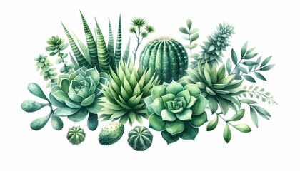 Beautiful watercolor of green plants including cacti, succulents, and leaves arranged in a detailed and vibrant illustration - obrazy, fototapety, plakaty