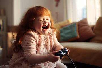 AI generative images. Happy adorable redhead girl with Downs syndrome holding joystick and playing video game - 669055748
