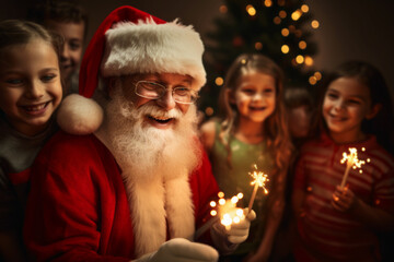 Obraz na płótnie Canvas AI generative images. Smiling and happy Santa and kids and holding sparklers