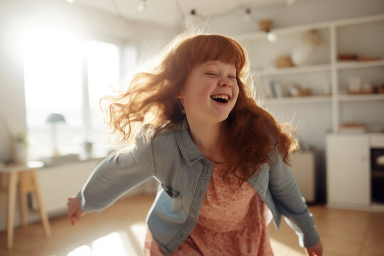 AI generative images. Happy adorable redhead girl with Downs syndrome dancing at home