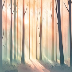 Obraz premium einfache Illustration eines dichten Waldes im Morgen oder Abend Nebel mit Sonnenstrahlen, die in pastell Farben den Forst in der goldenen Stunde durchleuchten. 