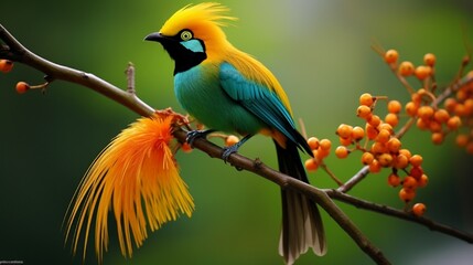 Colorful Avian Perched on Branch Amidst Foliage generated by AI tool 