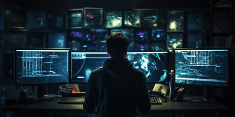 Tech Enthusiast Monitoring Global Data in a Dark Control Room. Hacker concept. Generative AI