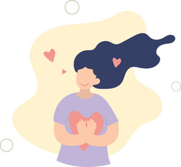Self help concept. Young positive woman with her hand on the chest swith heart.flat vector illustration.