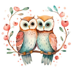 Fototapeta premium Watercolor Owls Sitting On Branch Valentine Clipart Illustration