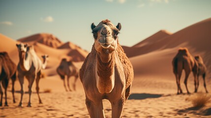 Camels in a traditional bright cape against the backdrop of the sand dune desert. Tourism warm countries