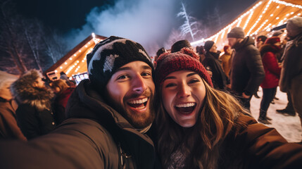 A festive selfie captures the joyful spirit of a winter festival, where smiles, laughter, and seasonal festivities come together in a heartwarming moment