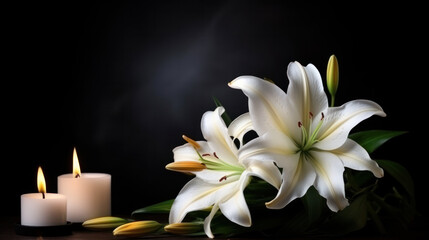 Beautiful lily flowers and burning candles on black background