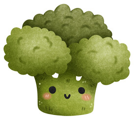 Isolated cute and happy smiling green broccoli vegetable character in transparent background