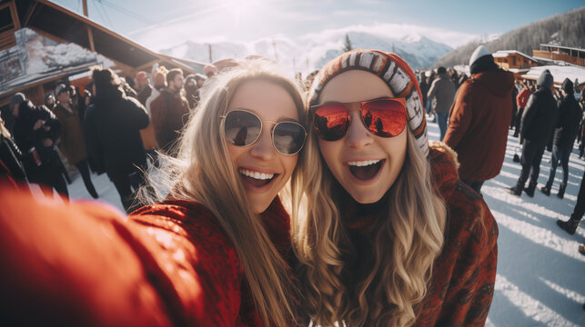 In the scenic backdrop of a ski resort, beautiful young friends capture a joyful moment by taking a selfie, radiating happiness and fun on the snowy slopes