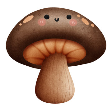 Isolated cute and happy smiling brown mushroom vegetable character in autumn and transparent background