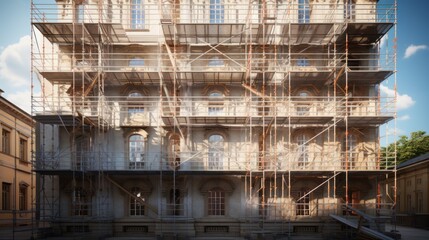 Scaffolding on the facade of a multi - storey building during the repair, reconstruction - obrazy, fototapety, plakaty