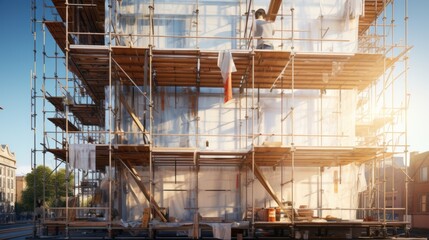 Scaffolding on the facade of a multi - storey building during the repair, reconstruction