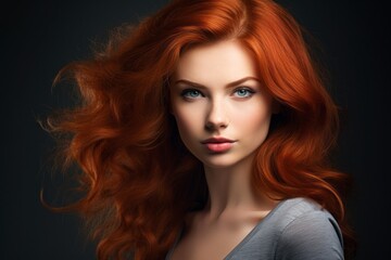 Fototapeta premium a close-up studio fashion portrait of a face of a young redhead woman with perfect skin, red hair and immaculate make-up. Skin beauty and hormonal female health concept