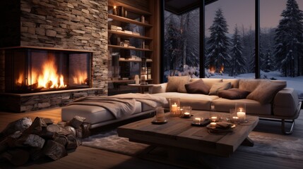 Cozy winter living room interior with modern fireplace in cottage.
