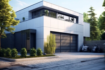 Fototapeta na wymiar Sectional car entrance facade home garage grey of modern new building house in suburb street view