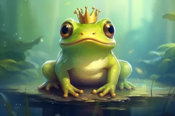 Fotobehang Playful Cute frog prince. Animal crown nature. Generate Ai © juliars
