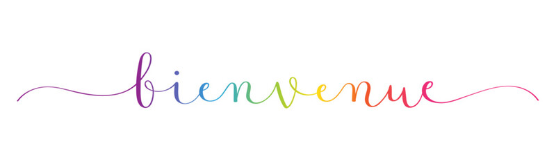 BIENVENUE (WELCOME in French) rainbow gradient brush calligraphy banner with swashes on white background