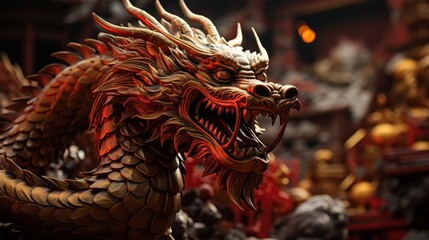 dragon de bois rouge, pour le nouvel an chinois - obrazy, fototapety, plakaty
