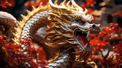 dragon de bois rouge, pour le nouvel an chinois - obrazy, fototapety, plakaty