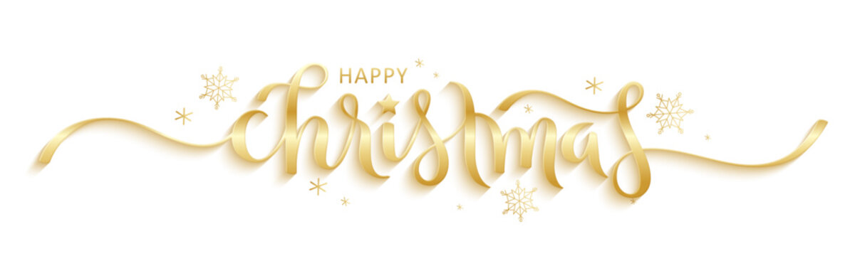 MERRY CHRISTMAS metallic gold vector 3D brush lettering with drop shadow