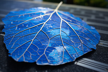 An innovative futuristic solar panel designed in the likeness of an organic leaf, offering a sustainable solution to ecological problems through the harmonious integration of technology and nature - obrazy, fototapety, plakaty