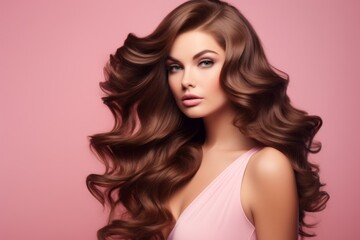 a close-up studio fashion portrait of a young woman with perfect skin, long wavy brown hair and immaculate make-up. Pink background. Skin beauty and hormonal female health concept