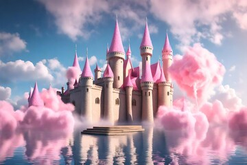 3D rendering of a fairy tale castle with cotton candy clouds - obrazy, fototapety, plakaty