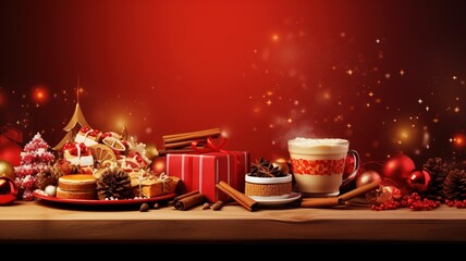A Christmas-themed reddish background adorned with Christmas decorations at the bottom, featuring space for text at the top, ideal for Christmas advertisements and promotions