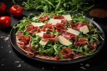 Tangy Arugula dried meat salad. Vegetable dinner. Generate Ai - obrazy, fototapety, plakaty