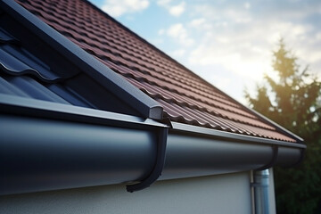 Roof gutter black and downpipe on a new tiled roof home facade