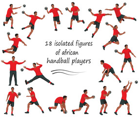 18 isolated figures of Nigerian handball players and goalkeepers team in red equipment training and playing, running, jumping, catching the ball