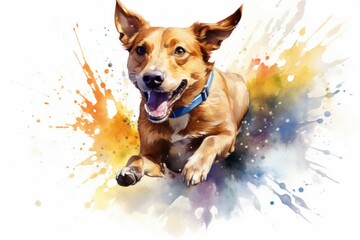 Whimsical Dog run watercolor splash. Nature art. Generate Ai