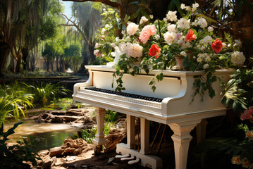 White grand piano with romantic decor of pink and white rose flowers in the garden
